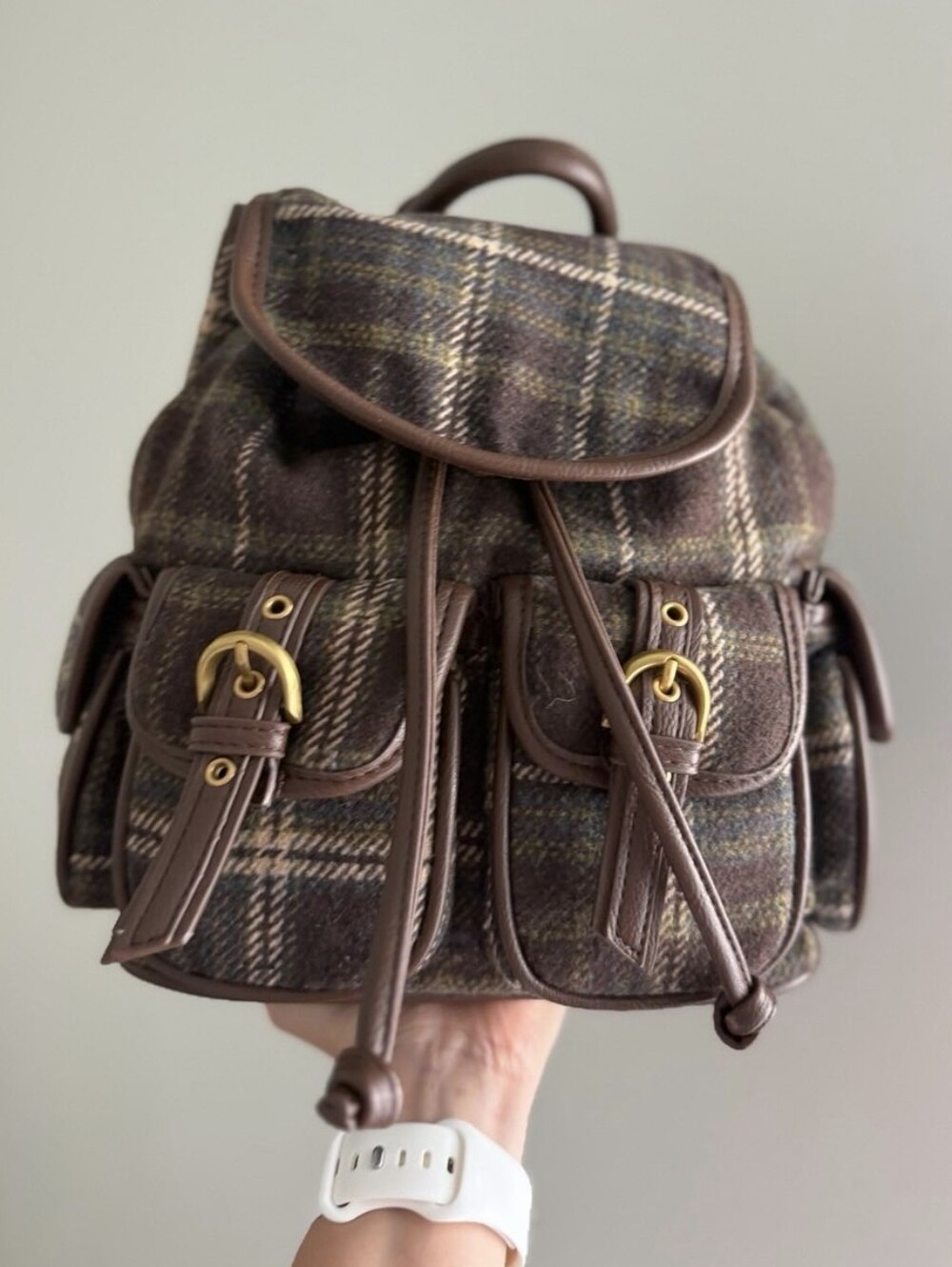 Madden Girl Brown Plaid Mini Backpack with Gold Hardware